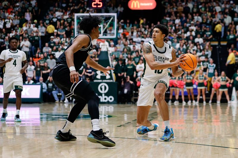 Feb 17, 2024; Fort Collins, Colorado, USA; Colorado State Rams guard Nique Clifford (10) controls the ball as Utah State Aggies guard Ian Martinez (4) guards 2\ at Moby Arena. Mandatory Credit: Isaiah J. Downing-USA TODAY Sports