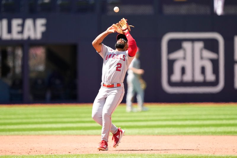 Jul 30, 2023; Toronto, Ontario, CAN; Los Angeles Angels second baseman Luis Rengifo (2) catches a flyball hit by Toronto Blue Jays center fielder Daulton Varsho (not pictured) during the ninth inning at Rogers Centre. Mandatory Credit: John E. Sokolowski-USA TODAY Sports