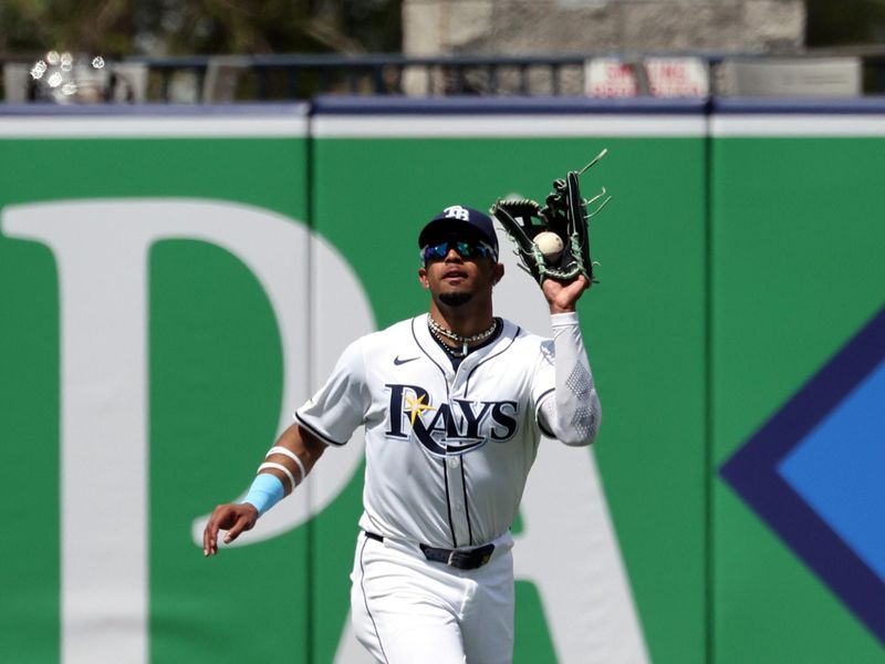 Apr 10, 2025; Tampa, Fl, USA; Tampa Bay Rays left fielder Christopher Morel (24) catches a fly ball against the Los Angeles Angels during the eighth inning at George M. Steinbrenner Field. Mandatory Credit: Kim Klement Neitzel-Imagn Images