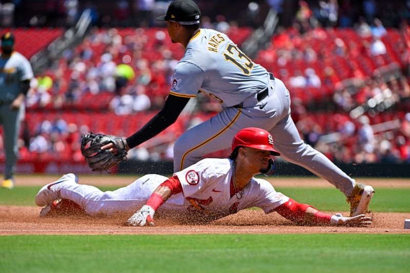 Jun 13, 2024; St. Louis, Missouri, USA;  St. Louis Cardinals shortstop Masyn Winn (0) slides past Pittsburgh Pirates third baseman Ke'Bryan Hayes (13) for a triple during the third inning at Busch Stadium. Mandatory Credit: Jeff Curry-USA TODAY Sports