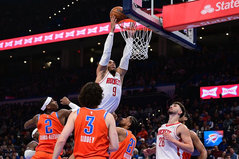 OKLAHOMA CITY, OKLAHOMA - FEBRUARY 27: Dillon Brooks #9 of the Houston Rockets goes to the rim during the first half against the Oklahoma City Thunder at Paycom Center on February 27, 2024 in Oklahoma City, Oklahoma. NOTE TO USER: User expressly acknowledges and agrees that, by downloading and or using this Photograph, user is consenting to the terms and conditions of the Getty Images License Agreement. (Photo by Joshua Gateley/Getty Images)