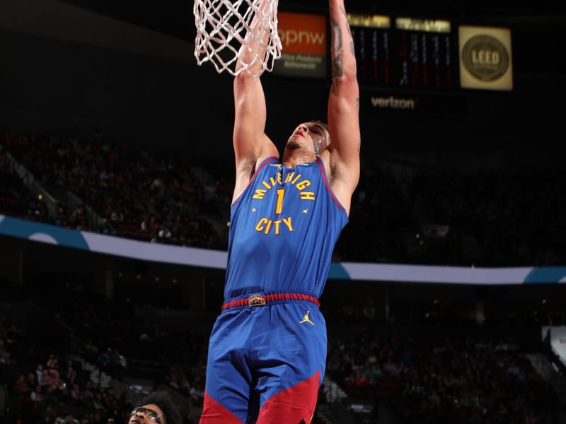 PORTLAND, OR - MARCH 23: Michael Porter Jr. #1 of the Denver Nuggets dunks the ball during the game against the Portland Trail Blazers on March 23, 2024 at the Moda Center Arena in Portland, Oregon. NOTE TO USER: User expressly acknowledges and agrees that, by downloading and or using this photograph, user is consenting to the terms and conditions of the Getty Images License Agreement. Mandatory Copyright Notice: Copyright 2024 NBAE (Photo by Cameron Browne/NBAE via Getty Images)