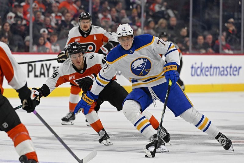 Dec 3, 2025; Philadelphia, Pennsylvania, USA; Buffalo Sabres center Tage Thompson (72) carries the puck against Philadelphia Flyers center Trevor Zegras (46) during the third period at Xfinity Mobile Arena. Mandatory Credit: Eric Hartline-Imagn Images