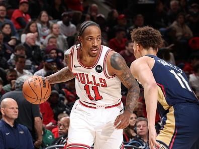 CHICAGO, IL - DECEMBER 2: DeMar DeRozan #11 of the Chicago Bulls dribbles the ball during the game against the New Orleans Pelicans on December 2, 2023 at United Center in Chicago, Illinois. NOTE TO USER: User expressly acknowledges and agrees that, by downloading and or using this photograph, User is consenting to the terms and conditions of the Getty Images License Agreement. Mandatory Copyright Notice: Copyright 2023 NBAE (Photo by Jeff Haynes/NBAE via Getty Images)