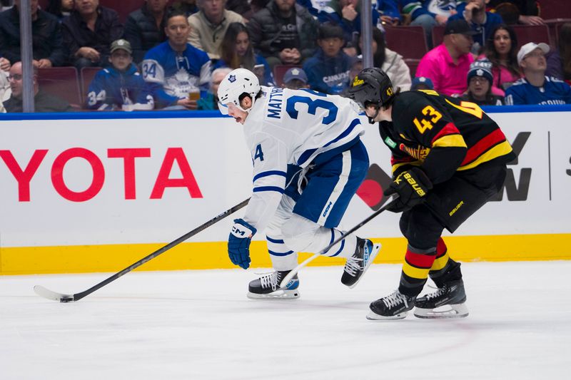 Jan 20, 2024; Vancouver, British Columbia, CAN; Vancouver Canucks defenseman Quinn Hughes (43) defends against Toronto Maple Leafs forward Auston Matthews (34) in the second period at Rogers Arena. Mandatory Credit: Bob Frid-USA TODAY Sports