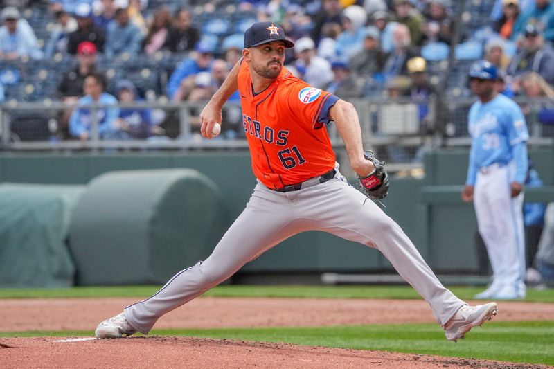 Apr 11, 2024; Kansas City, Missouri, USA; Houston Astros pitcher Seth Martinez (61) delivers a pitch against the Kansas City Royals in the first inning at Kauffman Stadium. Mandatory Credit: Denny Medley-USA TODAY Sports