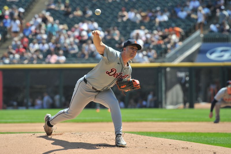 Aug 25, 2024; Chicago, Illinois, USA; Detroit Tigers starting pitcher Beau Brieske (4) pitches during the first inning against the Chicago White Sox at Guaranteed Rate Field. Mandatory Credit: Patrick Gorski-USA TODAY Sports