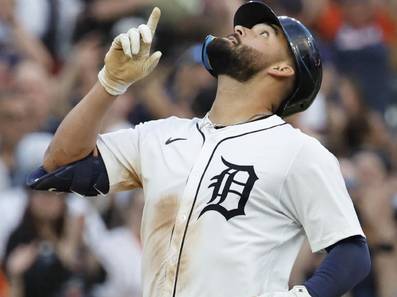 May 14, 2025; Detroit, Michigan, USA;  Detroit Tigers outfielder Riley Greene (31) celebrates after he hits a two run home run in the sixth inning against the Boston Red Sox at Comerica Park. Mandatory Credit: Rick Osentoski-Imagn Images