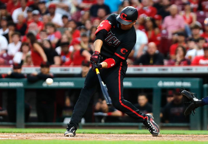 Jun 23, 2023; Cincinnati, Ohio, USA; Cincinnati Reds first baseman Joey Votto (19) hits a three-run home run against the Atlanta Braves during the fifth inning at Great American Ball Park. Mandatory Credit: David Kohl-USA TODAY Sports