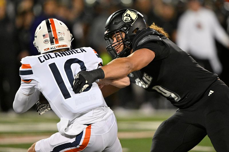 Nov 9, 2023; Louisville, Kentucky, USA; Louisville Cardinals defensive lineman Ashton Gillotte (9) sacks Virginia Cavaliers quarterback Anthony Colandrea (10) during the first quarter at L&N Federal Credit Union Stadium. Mandatory Credit: Jamie Rhodes-USA TODAY Sports