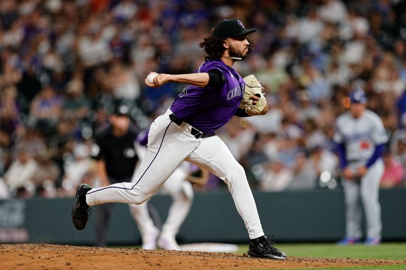 Jun 17, 2024; Denver, Colorado, USA; Colorado Rockies relief pitcher Justin Lawrence (61) pitches in the ninth inning against the Los Angeles Dodgers at Coors Field. Mandatory Credit: Isaiah J. Downing-USA TODAY Sports