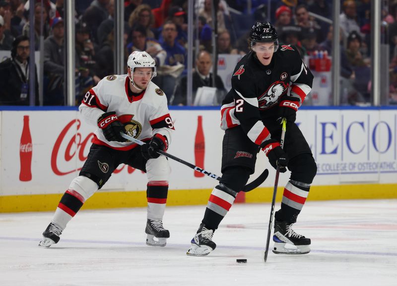 Jan 11, 2024; Buffalo, New York, USA;  Buffalo Sabres right wing Tage Thompson (72) looks to make a pass as Ottawa Senators right wing Vladimir Tarasenko (91) defends during the second period at KeyBank Center. Mandatory Credit: Timothy T. Ludwig-USA TODAY Sports