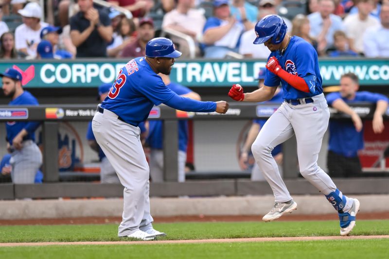 Aug 9, 2023; New York City, New York, USA; Chicago Cubs second baseman Christopher Morel (5) rounds the bases after hitting a solo home run against the New York Mets during the first inning at Citi Field. Mandatory Credit: John Jones-USA TODAY Sports