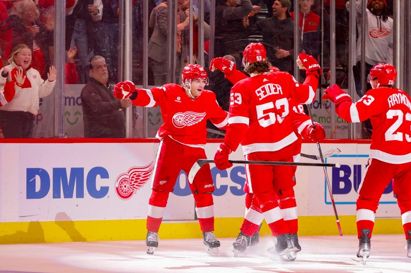 Mar 19, 2024; Detroit, Michigan, USA; Detroit Red Wings right wing Patrick Kane (88) celebrates his game winning goal against the Columbus Blue Jackets during an overtime period at Little Caesars Arena. Mandatory Credit: Brian Bradshaw Sevald-USA TODAY Sports