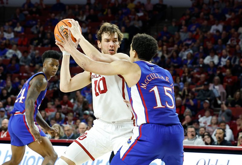 Feb 11, 2023; Norman, Oklahoma, USA; Kansas Jayhawks guard Kevin McCullar Jr. (15) defends Oklahoma Sooners forward Sam Godwin (10) during the second half at Lloyd Noble Center. Kansas won 78-55. Mandatory Credit: Alonzo Adams-USA TODAY Sports