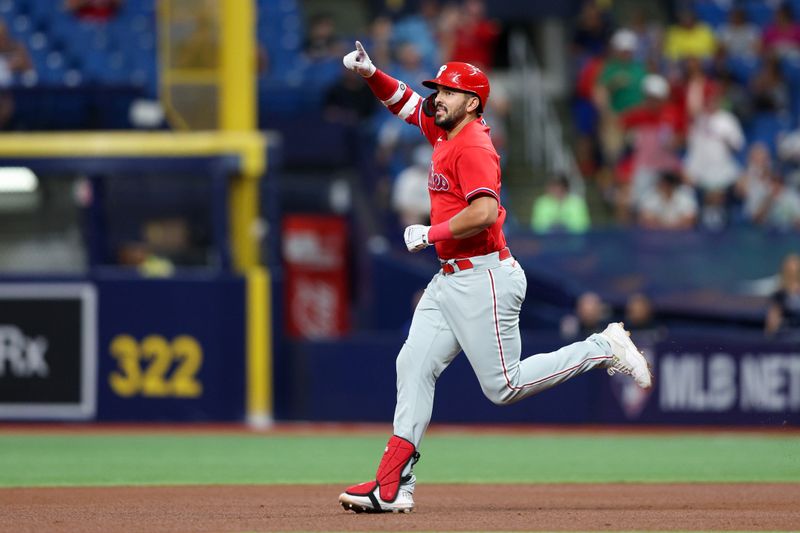 Jul 6, 2023; St. Petersburg, Florida, USA;  Philadelphia Phillies first baseman Darick Hall (24) runs the bases after hitting a home run against the Tampa Bay Rays in the fifth inning at Tropicana Field. Mandatory Credit: Nathan Ray Seebeck-USA TODAY Sports