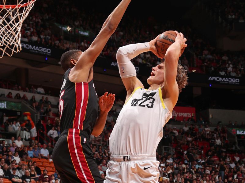 MIAMI, FL - MARCH 2: Lauri Markkanen #23 of the Utah Jazz drives to the basket during the game against the Miami Heat on March 2, 2024 at Kaseya Center in Miami, Florida. NOTE TO USER: User expressly acknowledges and agrees that, by downloading and or using this Photograph, user is consenting to the terms and conditions of the Getty Images License Agreement. Mandatory Copyright Notice: Copyright 2024 NBAE (Photo by Issac Baldizon/NBAE via Getty Images)