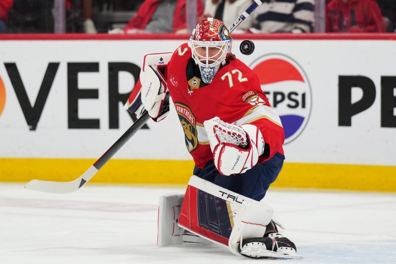 Jun 1, 2024; Sunrise, Florida, USA; Florida Panthers goaltender Sergei Bobrovsky (72) makes a save against the New York Rangers during the first period in game six of the Eastern Conference Final of the 2024 Stanley Cup Playoffs at Amerant Bank Arena. Mandatory Credit: Jim Rassol-USA TODAY Sports