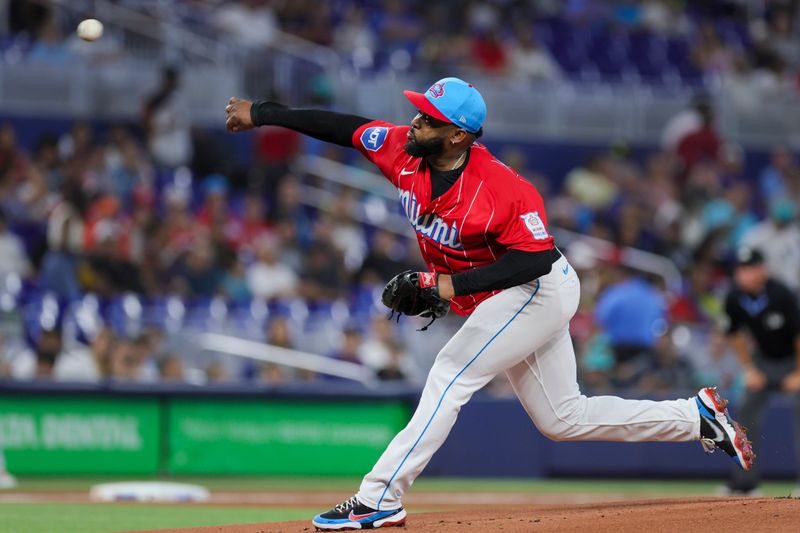 Jul 29, 2023; Miami, Florida, USA; Miami Marlins starting pitcher Johnny Cueto (47) delivers a pitch against the Detroit Tigers during the first inning at loanDepot Park. Mandatory Credit: Sam Navarro-USA TODAY Sports