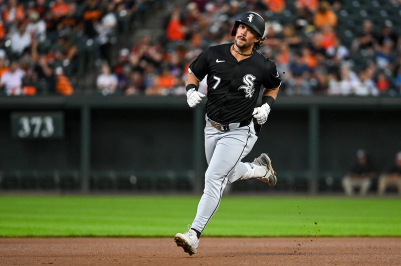 Sep 4, 2024; Baltimore, Maryland, USA;  Chicago White Sox outfielder Dominic Fletcher (7) runs the bases after hitting a two run home run against the Baltimore Orioles in the fourth inning at Oriole Park at Camden Yards. Mandatory Credit: Tommy Gilligan -Imagn Images