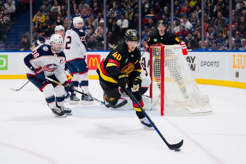 Jan 27, 2024; Vancouver, British Columbia, CAN; Columbus Blue Jackets forward Boone Jenner (38) watches as Vancouver Canucks forward Elias Pettersson (40) handles the puck in the second period at Rogers Arena. Mandatory Credit: Bob Frid-USA TODAY Sports