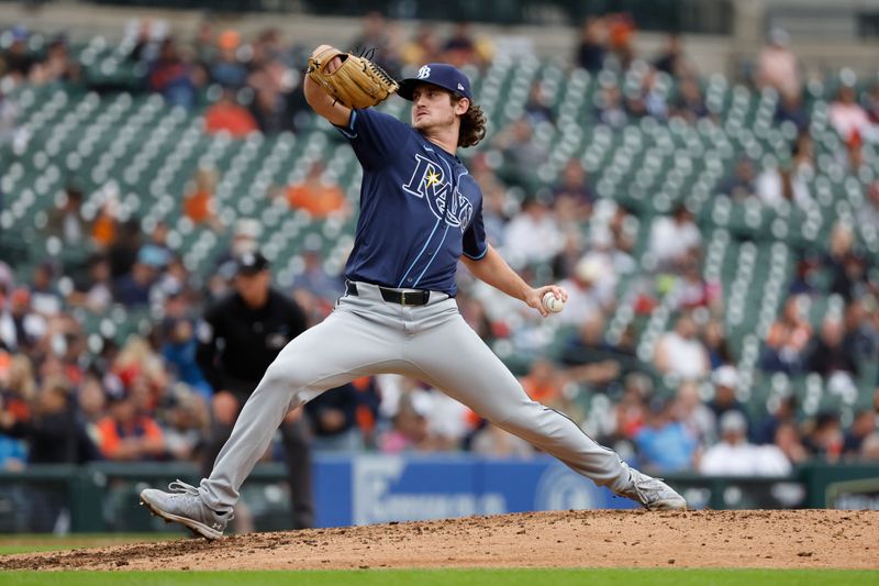 Sep 24, 2024; Detroit, Michigan, USA;  Tampa Bay Rays relief pitcher Mason Montgomery (48) pitches in the seventh inning against the Detroit Tigers at Comerica Park. Mandatory Credit: Rick Osentoski-Imagn Images