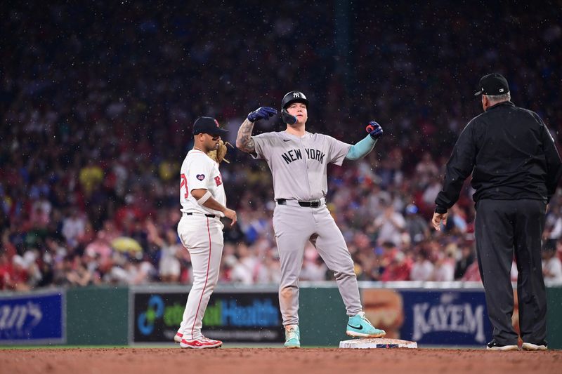 Jul 28, 2024; Boston, Massachusetts, USA; New York Yankees right fielder Alex Verdugo (24) reacts to hitting a double against the Boston Red Sox during the seventh inning at Fenway Park. Mandatory Credit: Eric Canha-USA TODAY Sports