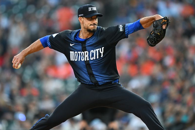 Sep 19, 2025; Detroit, Michigan, USA;  Detroit Tigers starting pitcher Charlie Morton (50) throws a pitch against the Atlanta Braves in the first inning at Comerica Park. Mandatory Credit: Lon Horwedel-Imagn Images