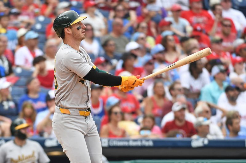 Jul 14, 2024; Philadelphia, Pennsylvania, USA; Oakland Athletics outfielder Brent Rooker (25) watches his two-run home run against the Philadelphia Phillies during the sixth inning at Citizens Bank Park. Mandatory Credit: Eric Hartline-USA TODAY Sports