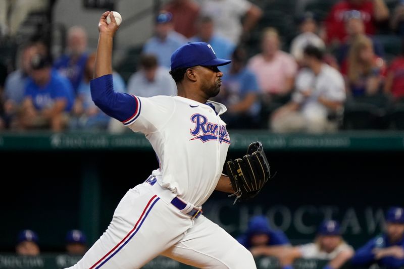 Sep 19, 2024; Arlington, Texas, USA; Texas Rangers pitcher Kumar Rocker (80) throws to the plate during the first inning against the Toronto Blue Jays at Globe Life Field. Mandatory Credit: Raymond Carlin III-Imagn Images
