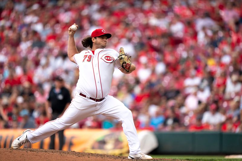 Aug 9, 2023; Cincinnati, OH, USA; Cincinnati Reds center fielder TJ Friedl (29) pitches in the eighth inning of the MLB baseball game between Cincinnati Reds and Miami Marlins at Great American Ball Park in Cincinnati on Wednesday, Aug. 9, 2023.  Mandatory Credit: Albert Cesare-USA TODAY Sports
