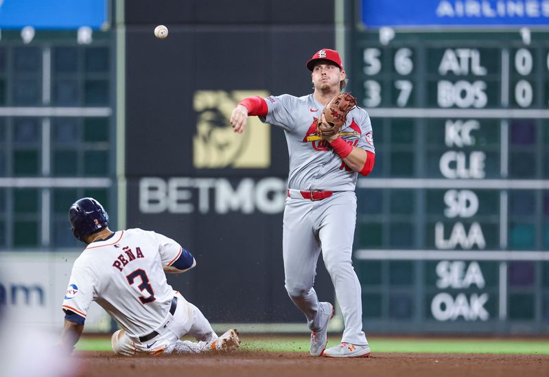 Jun 5, 2024; Houston, Texas, USA; Houston Astros shortstop Jeremy Pena (3) is out at second base as St. Louis Cardinals second baseman Nolan Gorman (16) throws to first base to complete a double play during the fourth inning at Minute Maid Park. Mandatory Credit: Troy Taormina-USA TODAY Sports