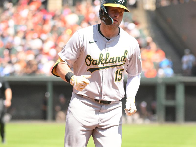 Apr 28, 2024; Baltimore, Maryland, USA;  Oakland Athletics left fielder Seth Brown (15) rounds the bases on a solo home run during the first inning against the Baltimore Orioles at Oriole Park at Camden Yards. Mandatory Credit: James A. Pittman-USA TODAY Sports