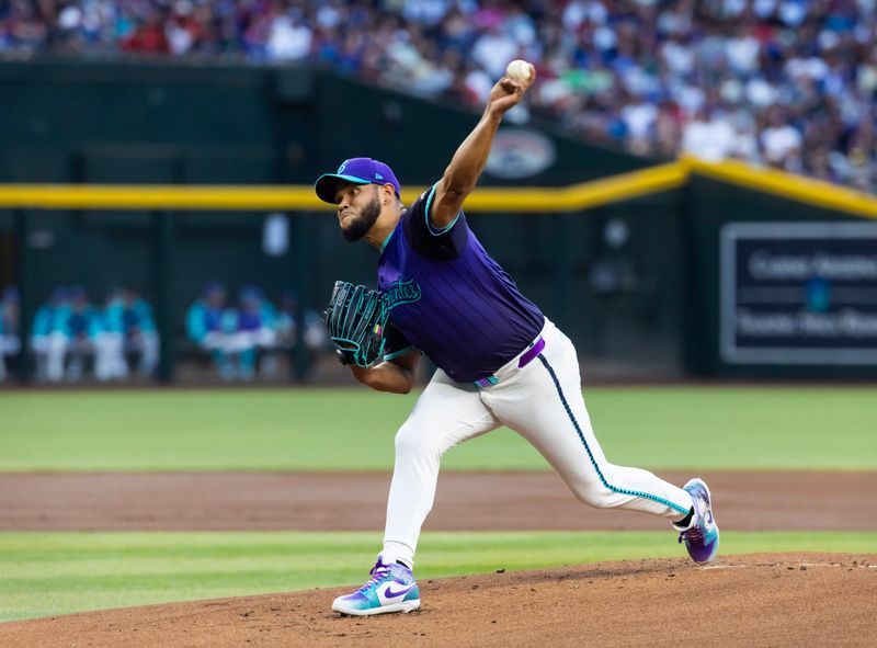 May 9, 2025; Phoenix, Arizona, USA; Arizona Diamondbacks pitcher Eduardo Rodriguez in the first inning against the Los Angeles Dodgers at Chase Field. Mandatory Credit: Mark J. Rebilas-Imagn Images