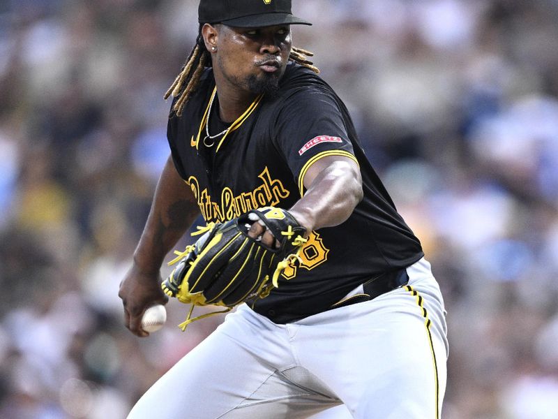 Aug 13, 2024; San Diego, California, USA; Pittsburgh Pirates starting pitcher Luis Ortiz (48) pitches against the San Diego Padres during the second inning at Petco Park. Mandatory Credit: Orlando Ramirez-USA TODAY Sports