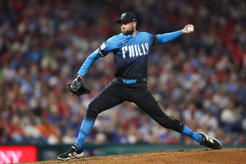 Sep 12, 2025; Philadelphia, Pennsylvania, USA; Philadelphia Phillies pitcher Tim Mayza (54) throws a pitch against the Kansas City Royals during the seventh inning at Citizens Bank Park. Mandatory Credit: Bill Streicher-Imagn Images