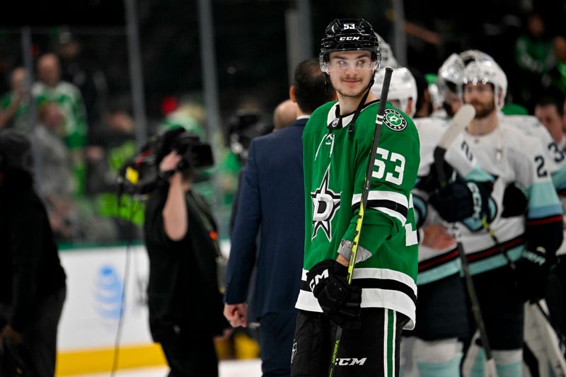 May 15, 2023; Dallas, Texas, USA; Dallas Stars center Wyatt Johnston (53) smiles to his team after the Stars defeat the Seattle Kraken in game seven of the second round of the 2023 Stanley Cup Playoffs at the American Airlines Center. Mandatory Credit: Jerome Miron-USA TODAY Sports