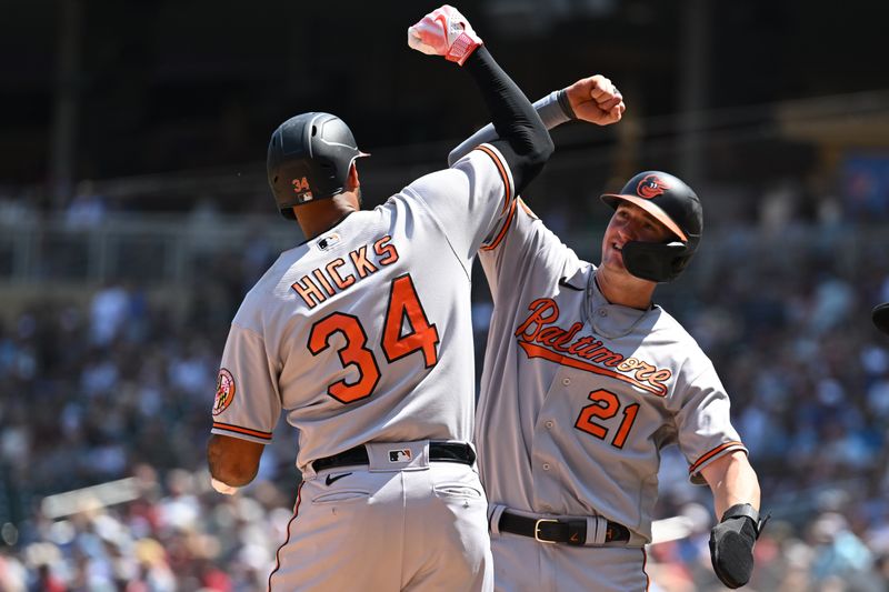 Jul 9, 2023; Minneapolis, Minnesota, USA; Baltimore Orioles designated hitter Aaron Hicks (34) and left fielder Austin Hays (21) react after Hicks hit a three-run home run off Minnesota Twins relief pitcher Jovani Moran (not pictured) during the fifth inning at Target Field. Mandatory Credit: Jeffrey Becker-USA TODAY Sports