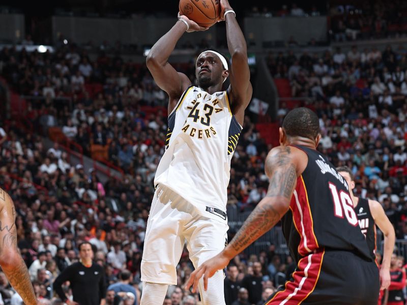 MIAMI, FL - JANUARY 02: Pascal Siakam #43 of the Indiana Pacers shoots the ball during the game against the Miami Heat on January 02, 2024 at Kaseya Center in Miami, Florida. NOTE TO USER: User expressly acknowledges and agrees that, by downloading and or using this Photograph, user is consenting to the terms and conditions of the Getty Images License Agreement. Mandatory Copyright Notice: Copyright 2024 NBAE (Photo by Jeff Haynes/NBAE via Getty Images)