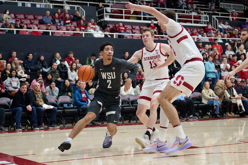 Jan 18, 2024; Stanford, California, USA; Washington State Cougars guard Myles Rice (2) dribbles the ball against Stanford Cardinal forward Maxime Raynaud (42) and guard Michael Jones (13) during the first half at Maples Pavilion. Mandatory Credit: Robert Edwards-USA TODAY Sports