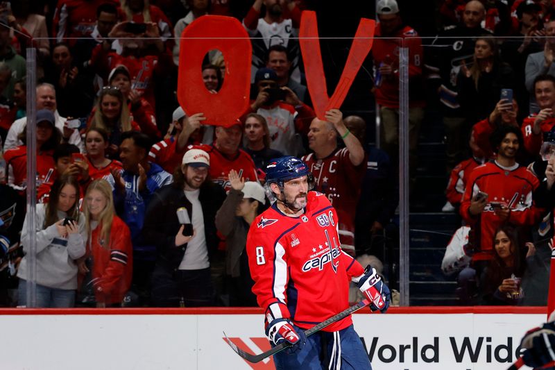 Apr 4, 2025; Washington, District of Columbia, USA; Washington Capitals left wing Alex Ovechkin (8) stands on the ice against the Chicago Blackhawks in the third period at Capital One Arena. Mandatory Credit: Geoff Burke-Imagn Images
