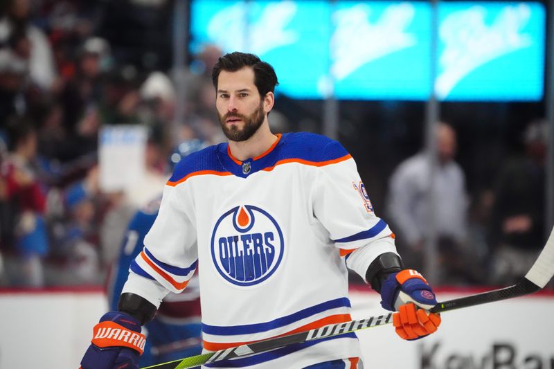 Apr 18, 2024; Denver, Colorado, USA; Edmonton Oilers center Adam Henrique (19) before the game against the Colorado Avalanche at Ball Arena. Mandatory Credit: Ron Chenoy-USA TODAY Sports