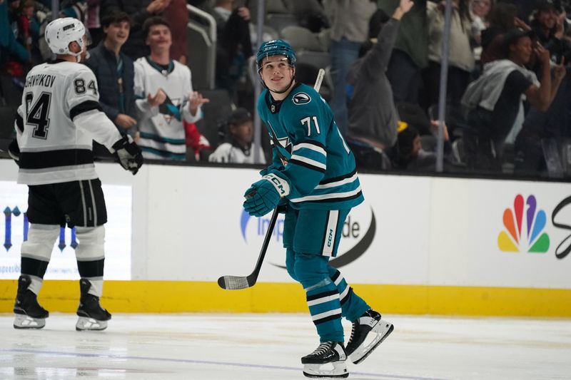 Nov 25, 2024; San Jose, California, USA; San Jose Sharks center Macklin Celebrini (71) celebrates after scoring a goal against the Los Angeles Kings in the third period at SAP Center at San Jose. Mandatory Credit: David Gonzales-Imagn Images