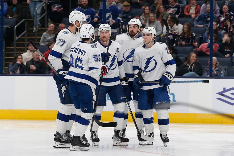 Feb 10, 2024; Columbus, Ohio, USA; Tampa Bay Lightning center Steven Stamkos (91) celebrates his goal against the Columbus Blue Jackets during the third period at Nationwide Arena. Mandatory Credit: Russell LaBounty-USA TODAY Sports