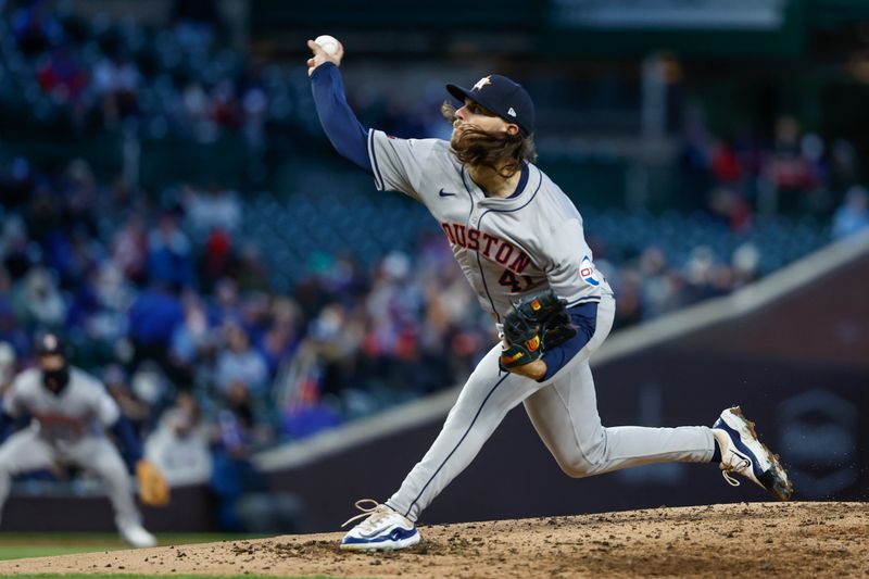 Apr 24, 2024; Chicago, Illinois, USA; Houston Astros starting pitcher Spencer Arrighetti (41) delivers a pitch against the Chicago Cubs during the third inning at Wrigley Field. Mandatory Credit: Kamil Krzaczynski-USA TODAY Sports