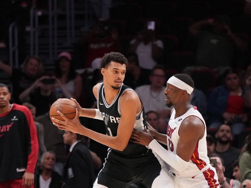 MIAMI, FL - OCTOBER 15: Victor Wembanyama #1 of the San Antonio Spurs handles the ball during the game against the Miami Heat during a NBA preseason game on October 15, 2024 at Kaseya Center in Miami, Florida. NOTE TO USER: User expressly acknowledges and agrees that, by downloading and or using this Photograph, user is consenting to the terms and conditions of the Getty Images License Agreement. Mandatory Copyright Notice: Copyright 2024 NBAE (Photo by Jesse D. Garrabrant/NBAE via Getty Images)