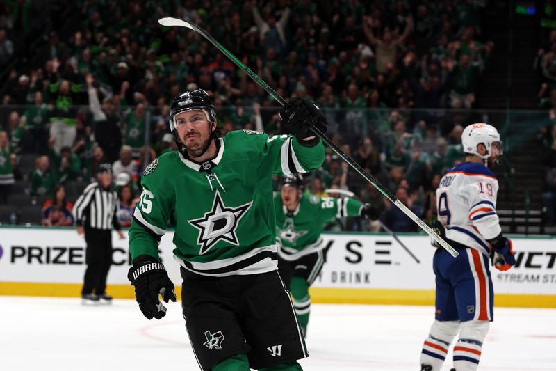 Oct 19, 2024; Dallas, Texas, USA; Dallas Stars center Matt Duchene (95) celebrates scoring a goal against the Edmonton Oilers in the second period at American Airlines Center. Mandatory Credit: Tim Heitman-Imagn Images