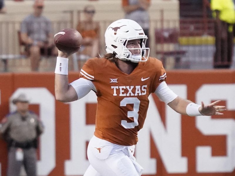 Sep 3, 2022; Austin, Texas, USA; Texas Longhorns quarterback Quinn Ewers (3) throws a pass against the Louisiana Monroe Warhawks in the first half at Darrell K Royal-Texas Memorial Stadium. Mandatory Credit: Scott Wachter-USA TODAY Sports