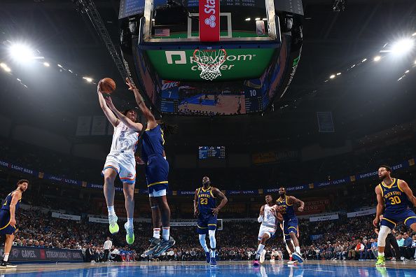 OKLAHOMA CITY, OK - DECEMBER 8: Josh Giddey #3 of the Oklahoma City Thunder drives to the basket during the game against the Golden State Warriors on December 8, 2023 at Paycom Arena in Oklahoma City, Oklahoma. NOTE TO USER: User expressly acknowledges and agrees that, by downloading and or using this photograph, User is consenting to the terms and conditions of the Getty Images License Agreement. Mandatory Copyright Notice: Copyright 2023 NBAE (Photo by Zach Beeker/NBAE via Getty Images)