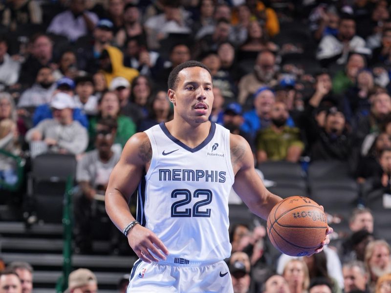 DALLAS, TX - DECEMBER 3: Desmond Bane #22 of the Memphis Grizzlies dribbles the ball during the game against the Dallas Mavericks during a Emirates NBA Cup game on December 3, 2024 at American Airlines Center in Dallas, Texas. NOTE TO USER: User expressly acknowledges and agrees that, by downloading and or using this photograph, User is consenting to the terms and conditions of the Getty Images License Agreement. Mandatory Copyright Notice: Copyright 2024 NBAE (Photo by Glenn James/NBAE via Getty Images)